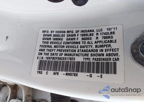 2012 Honda Civic Lx из США, поврежденный, VIN 19XFB2F58CE017823